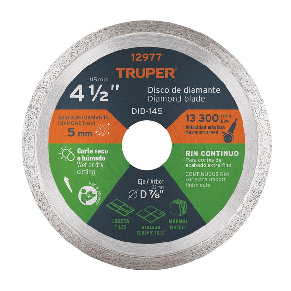 Disco de diamante de 4-1/2" x 1.6 mm, rin continuo