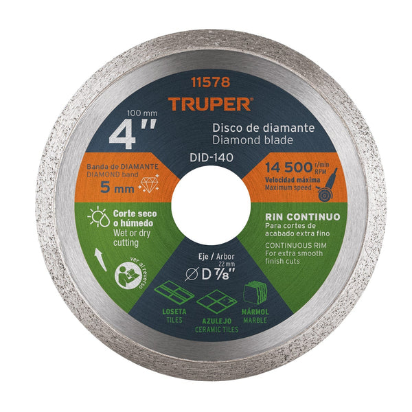 Disco de diamante de 4" x 1.6 mm, rin continuo